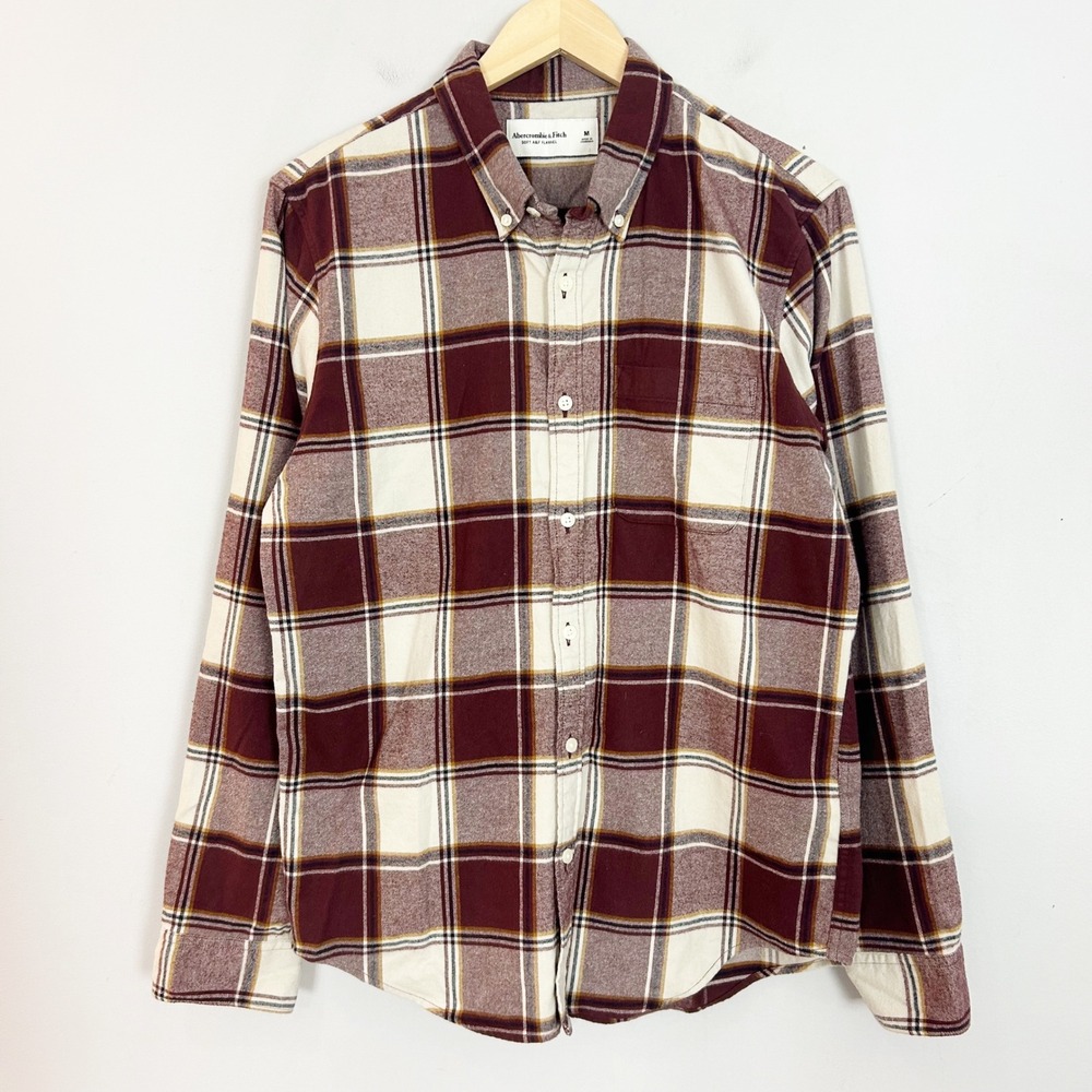 Abercrombie & Fitch Flannel Shirt Burgundy Plaid Button Down Size Medium Mens